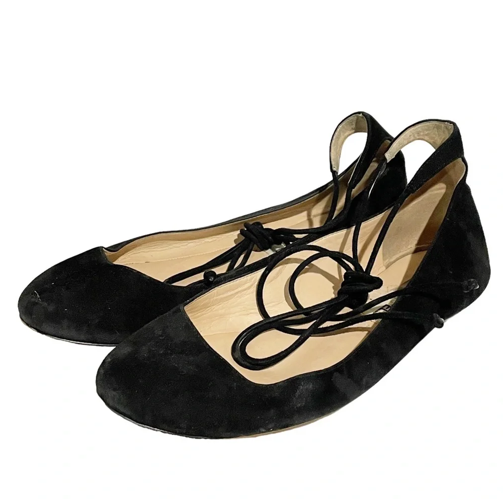 Karl Lagerfeld Paris Size 9.5 Black Larose Suede Leather Ankle Lace-Up‎ Flats